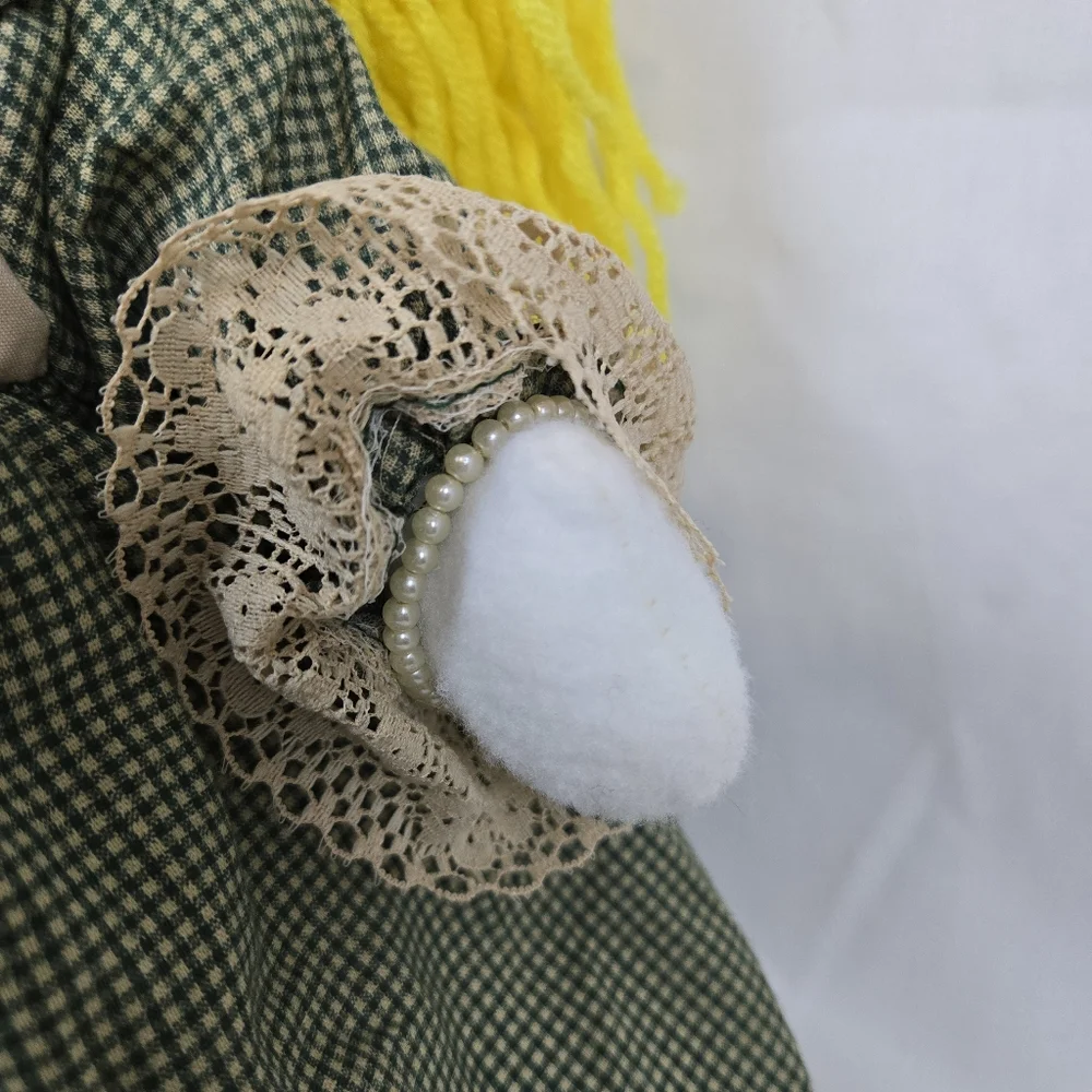 Vtg Inspired‎ Handmade Jointed Fabric Doll Green Gingham Dress Yellow Yarn Hair